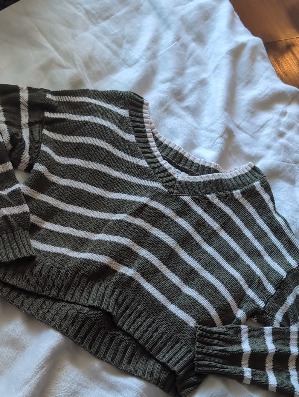 American Eagle Outfitters Olive Green & White Striped Cropped Crew Sweater